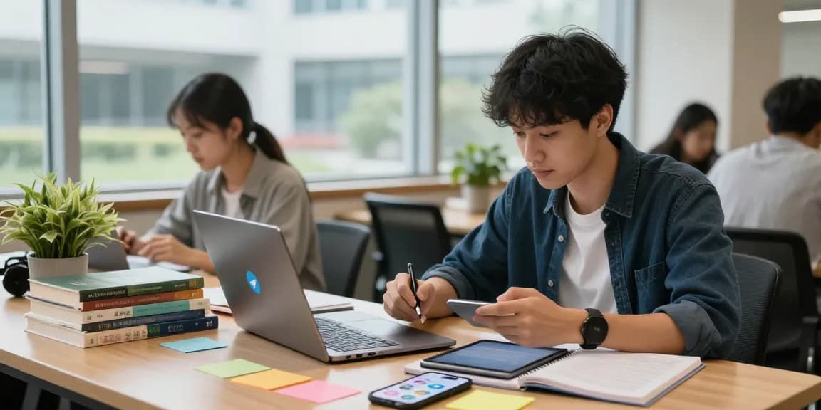 Student using Telegram中文 for study collaboration in a bright campus setting.