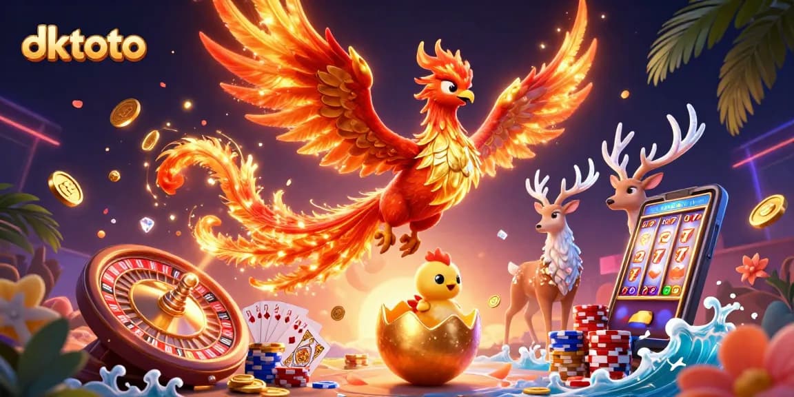 Spin the reels and win with dktoto, featuring a vibrant casino scene with phoenix and treasures.