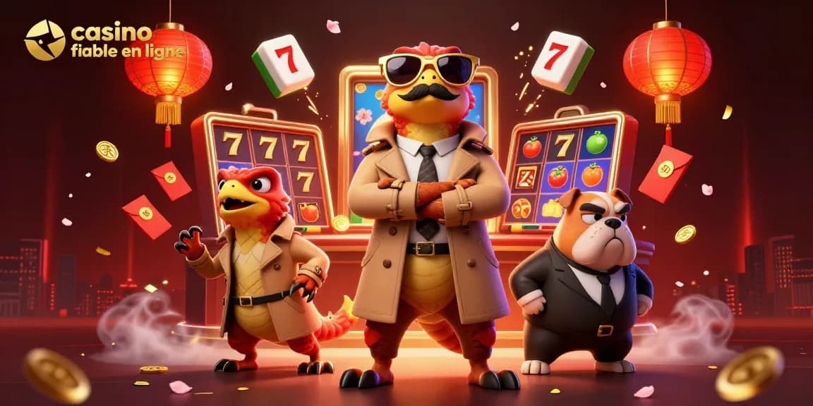 Interaction ludique avec un casino fiable en ligne illustrée par trois raptors déguisés.