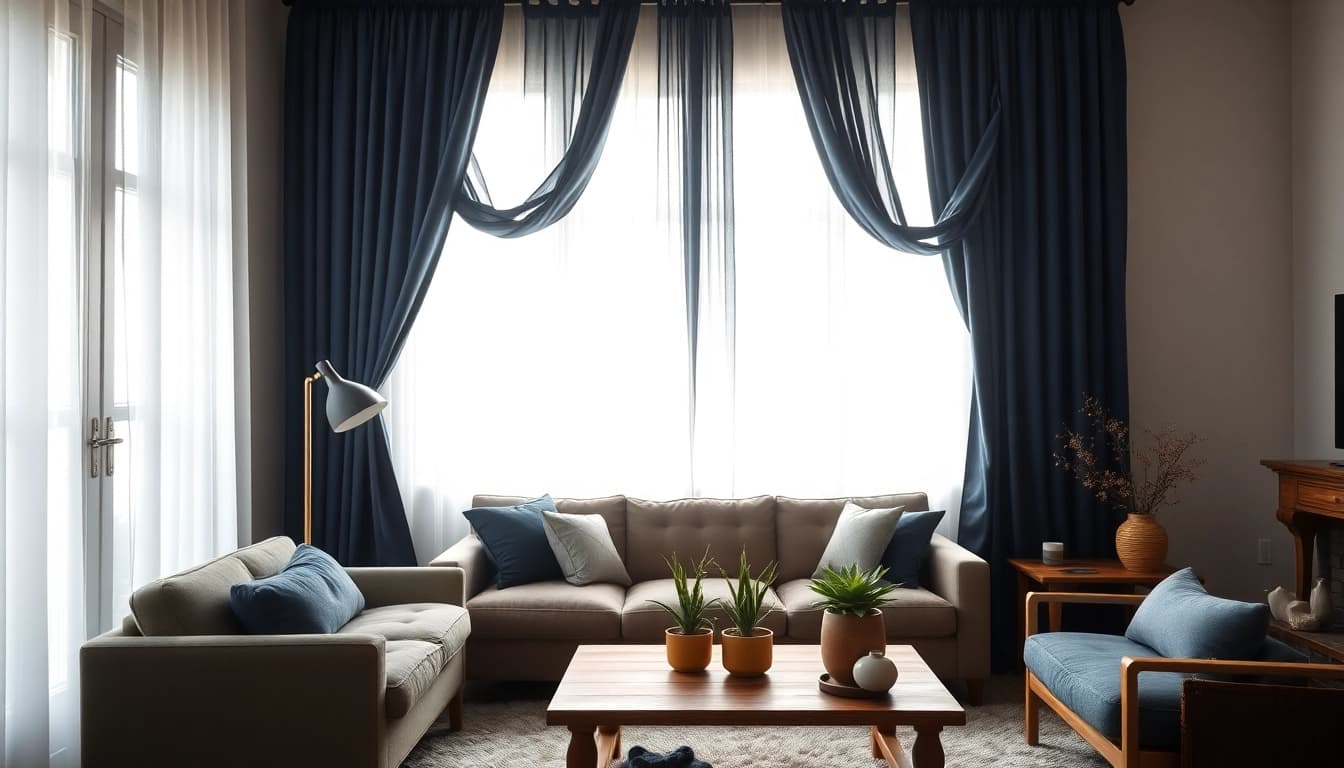 Verduisterende gordijnen in een sfeervolle woonkamer met natuurlijk licht en stijlvolle meubels.