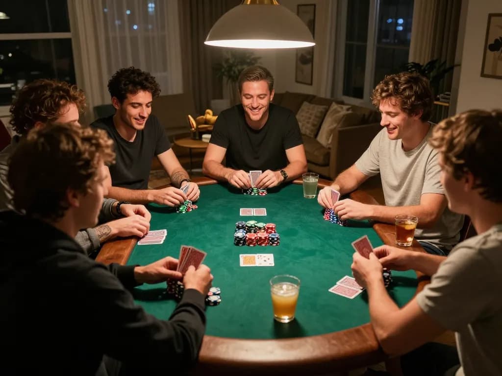 Friends enjoying a poker game at home with F168 chips and cards, showcasing friendly competition and strategic gameplay.