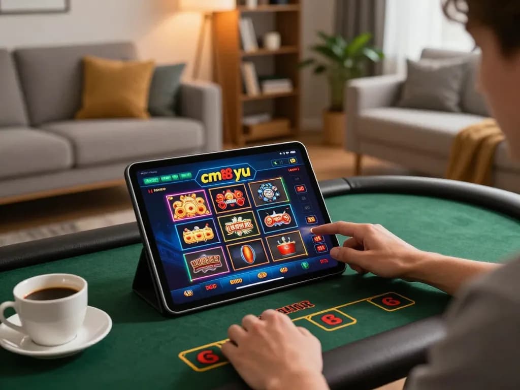 Engaging in cm88-yu online casino gaming in a cozy home setting with tablet display.