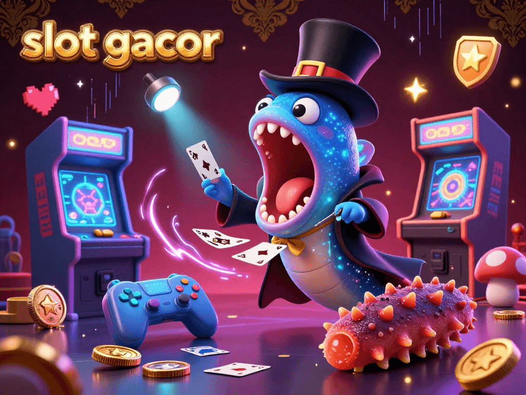 Experience the excitement of slot gacor with vibrant 3D characters showcasing thrilling card tricks in a dazzling casino scene.