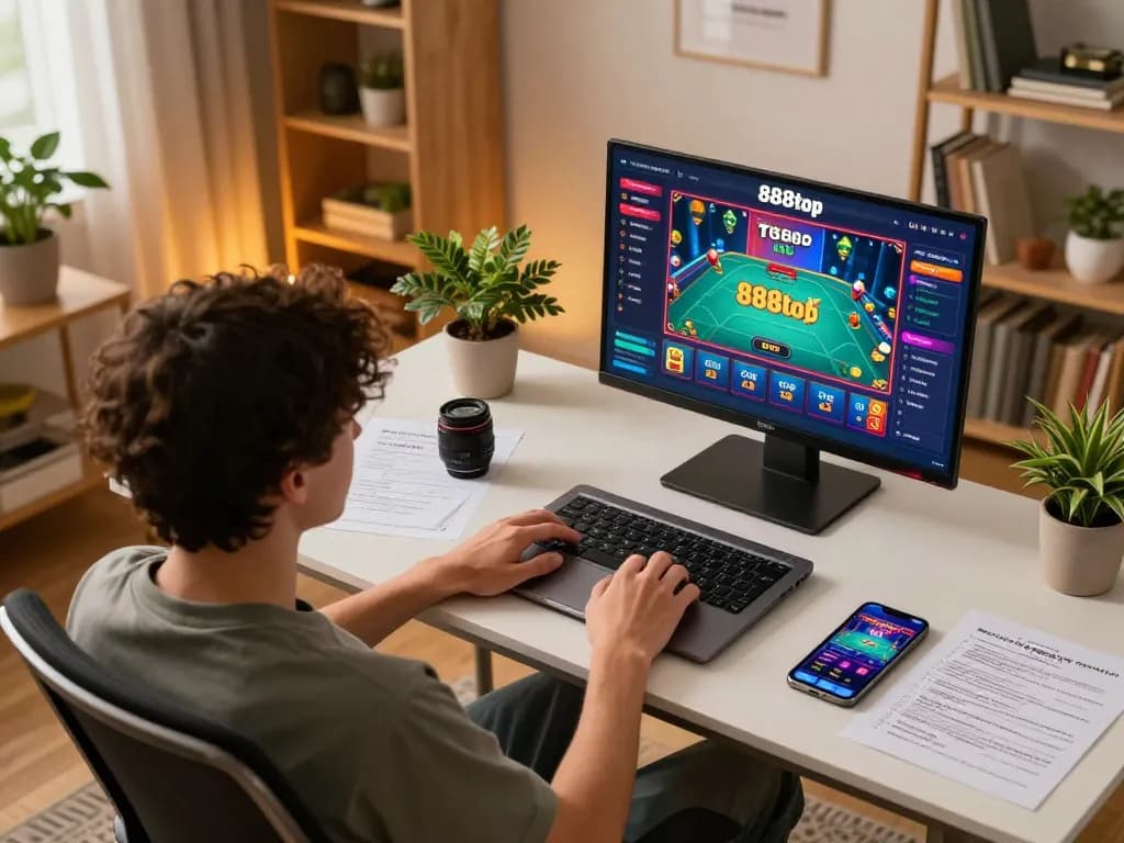 Player enjoying a vibrant game on 888top with laptop and betting notes in cozy home setting