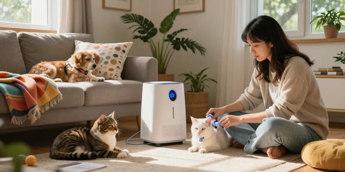 Oxygen support for pets showcased in a cozy home with a dog and cat receiving therapy.