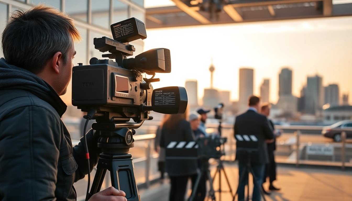 Showcasing video production edmonton with a professional film crew and urban skyline.