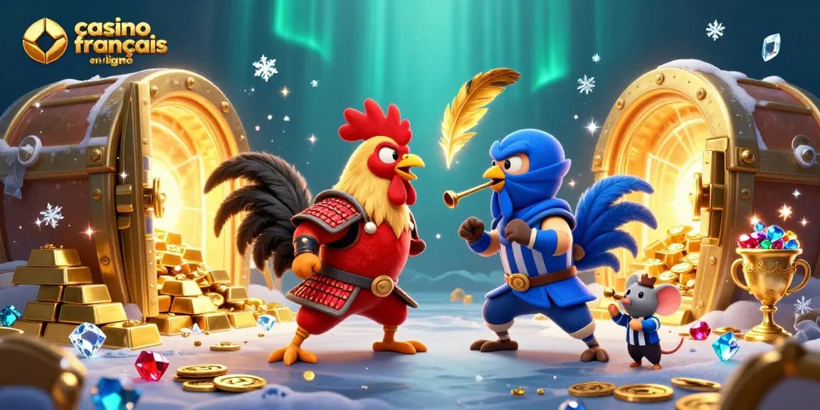Vivez l'excitation du casino francais en ligne dans un affrontement dynamique mettant en scène des coqs de dessin animé.