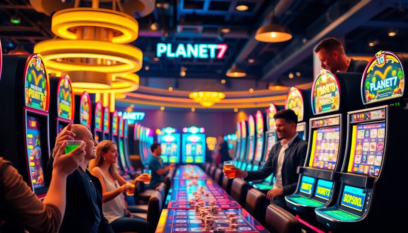 Rayakan kemenangan di PLANET77 dengan mesin slot berwarna-warni dan suasana kasino yang meriah.