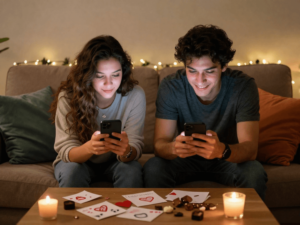 Couple engaging in sexting ai exchange in cozy indoor setting, showcasing romantic connection.