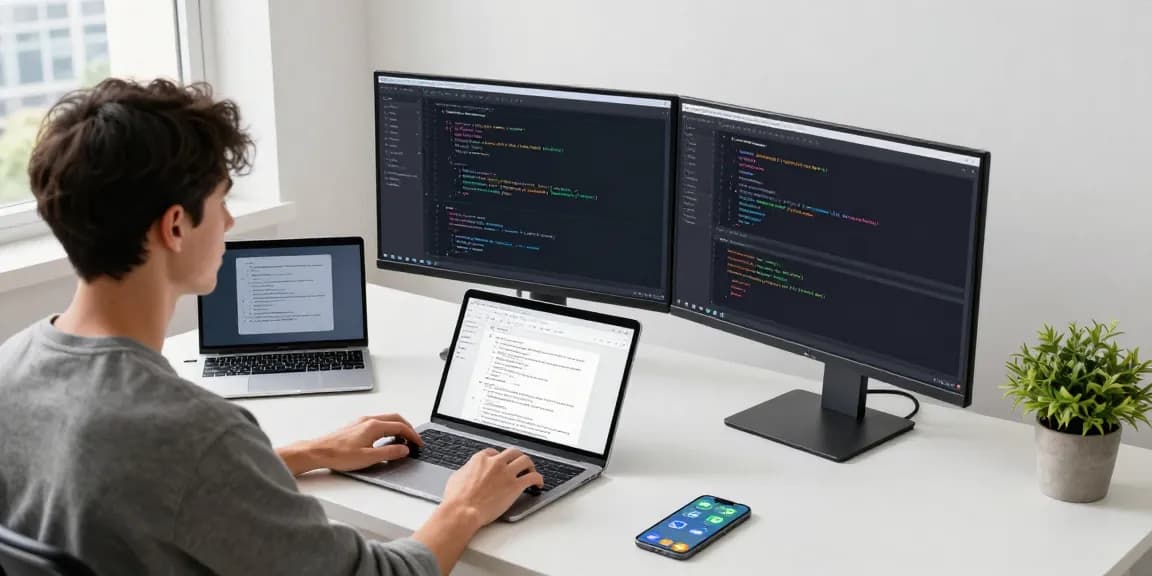 Developer coding for open claw personal AI assistant at a modern workspace with tech gadgets and natural light.