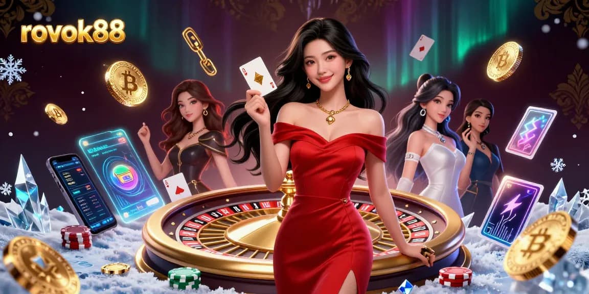 Experience the excitement of rokok88 with stunning visuals of a glamorous casino scene featuring a confident Asian woman.
