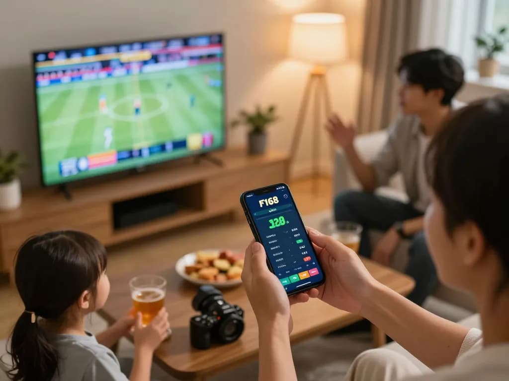 People strategizing sports bets on the F168 app while enjoying a cozy home atmosphere.