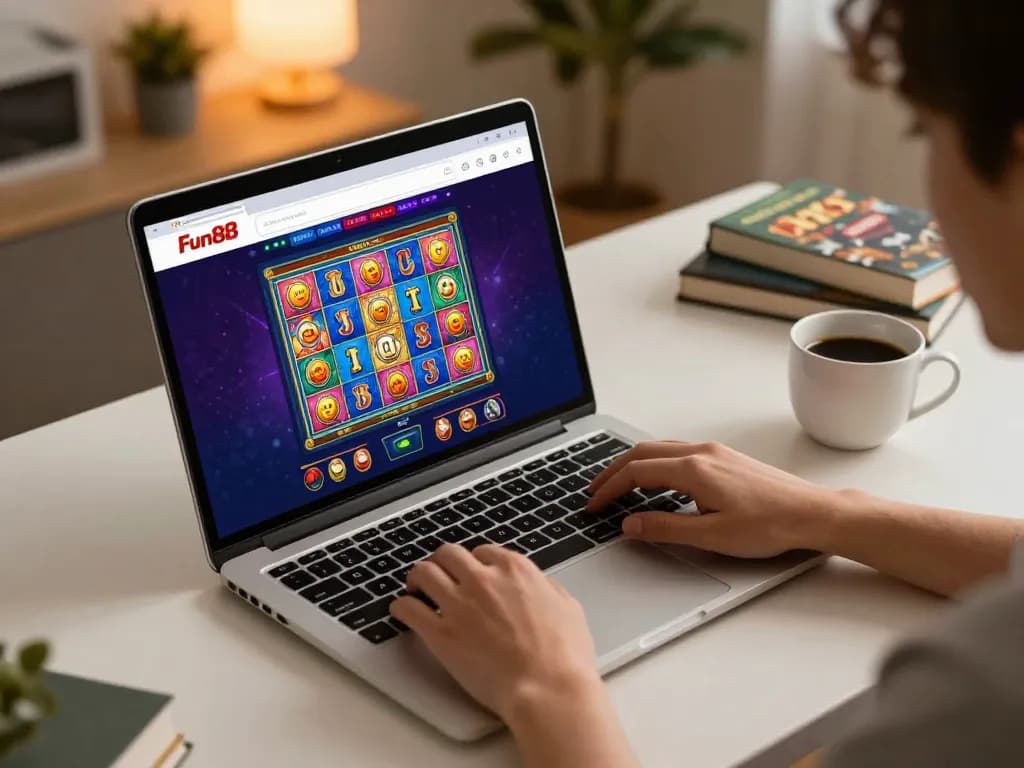 Playing engaging slot games on Fun88 com during a cozy home gaming session with coffee and strategy notes