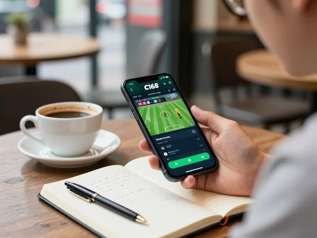 C168 nhà cái app shown on smartphone during strategic sports betting at café table.