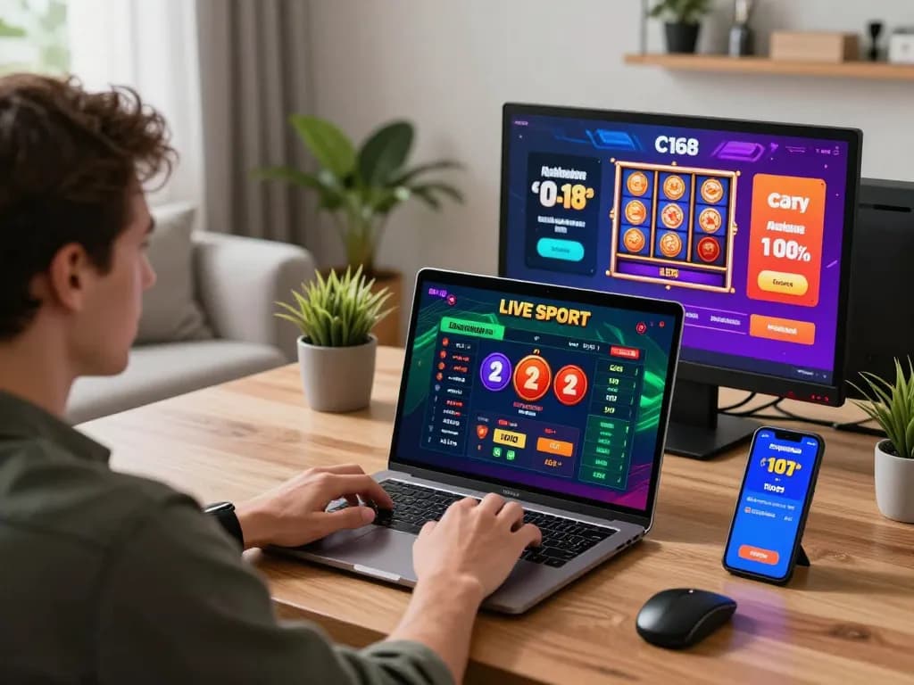 C168 online gambling experience with vibrant betting interface in a modern home office setting.