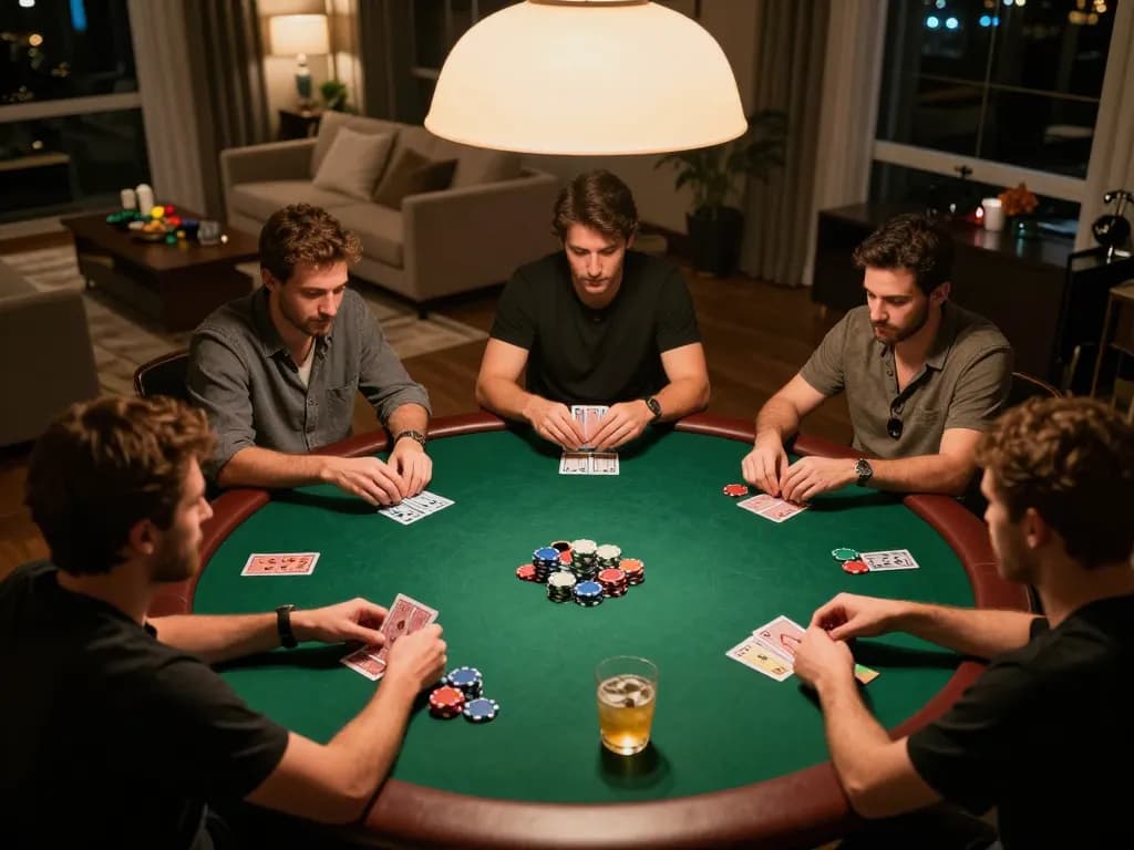 Friends enjoying a poker night at home, featuring hidden wiki-themed gameplay with chips and cards.