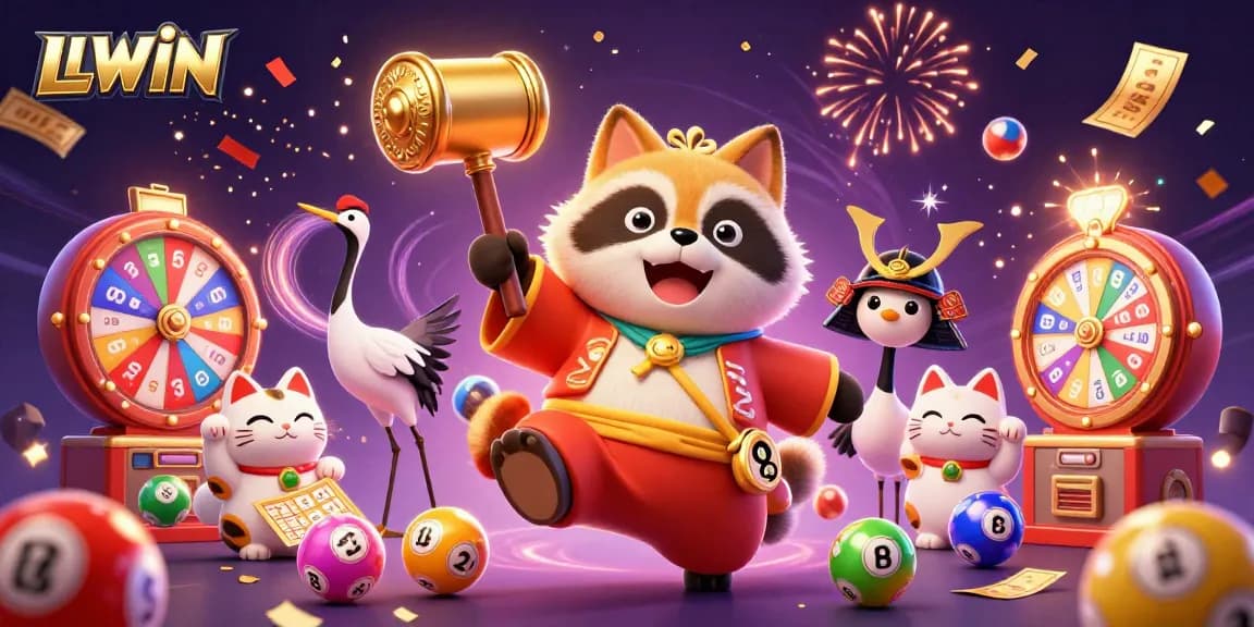 Experience exciting winnings at LLWIN with a cheerful tanuki and colorful lottery elements in a vibrant casino scene.