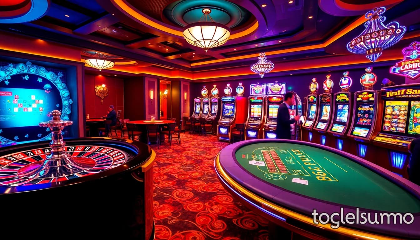 Pemain Togelsumo menikmati permainan yang mendebarkan di kasino yang hidup dengan rolet dan mesin slot.