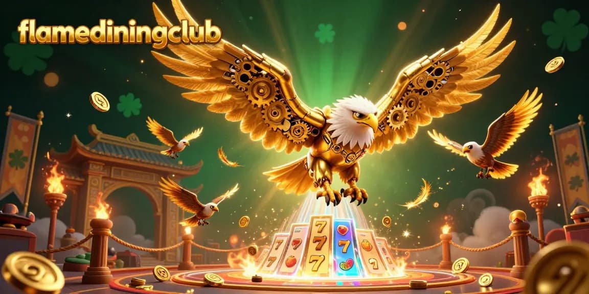 Experience thrilling gameplay at flamediningclub with a cybernetic eagle diving through dynamic slot reels.