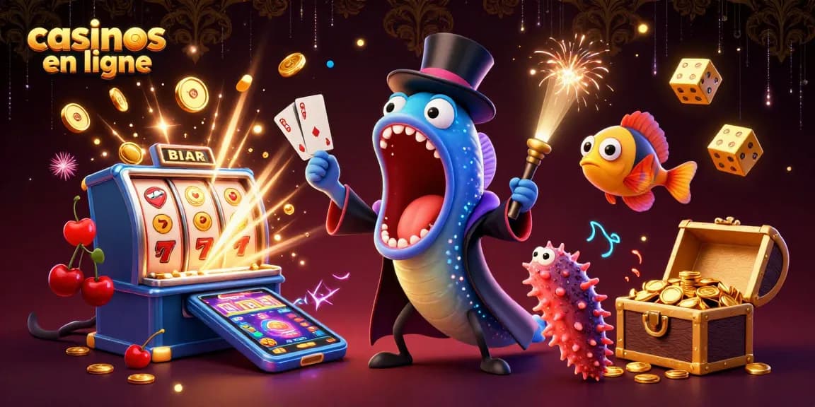 Jouez aux jeux de casino en ligne avec une illustration dynamique d'anguille, poisson-hat et concombre.