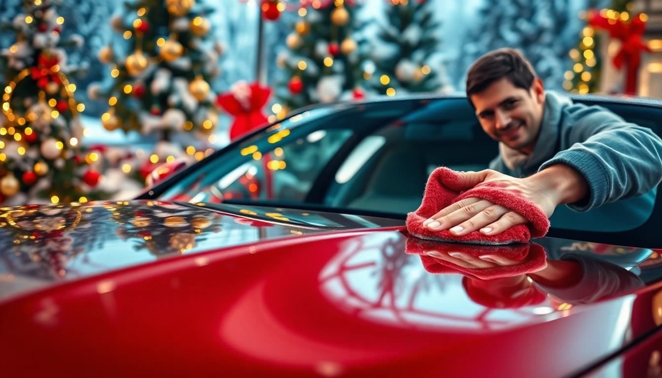 Celebrate Christmas with this Christmas car detailing gift showcasing a sparkling car in a festive scene.