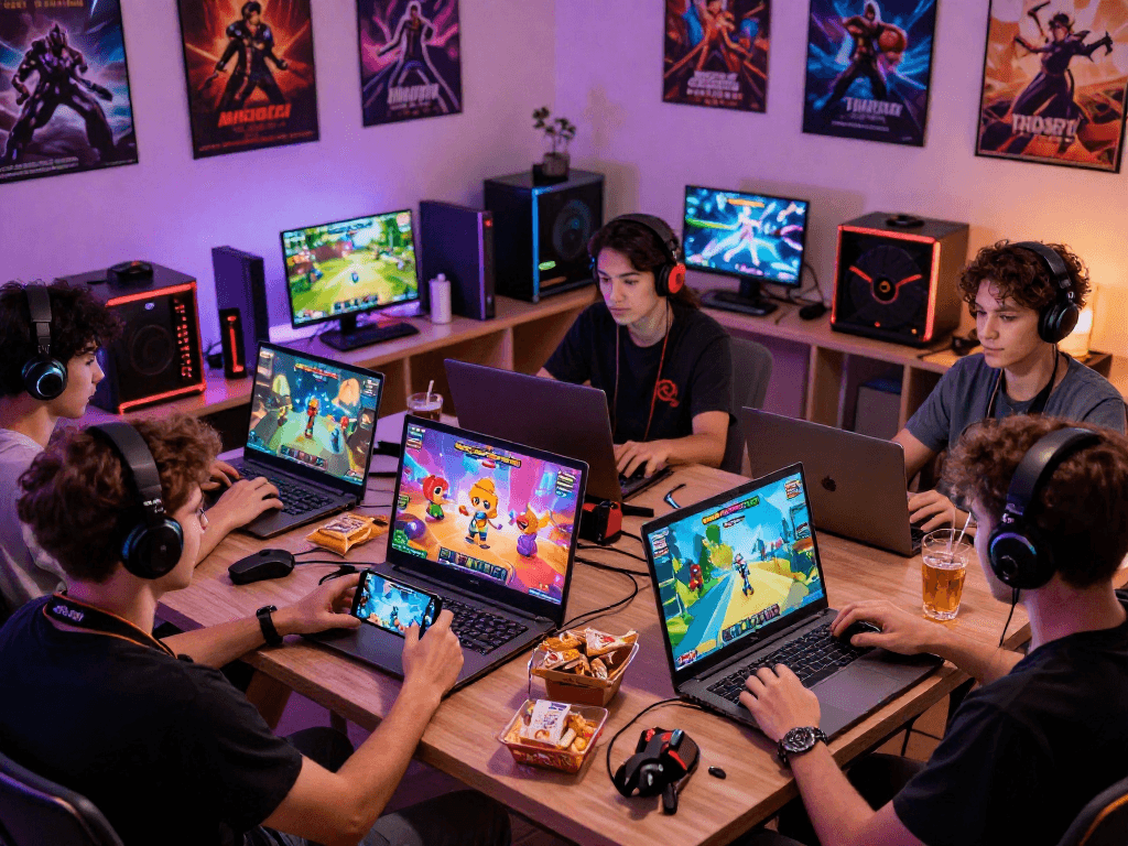 Engaging players enjoying vibrant sex games on various devices in a cozy setting.