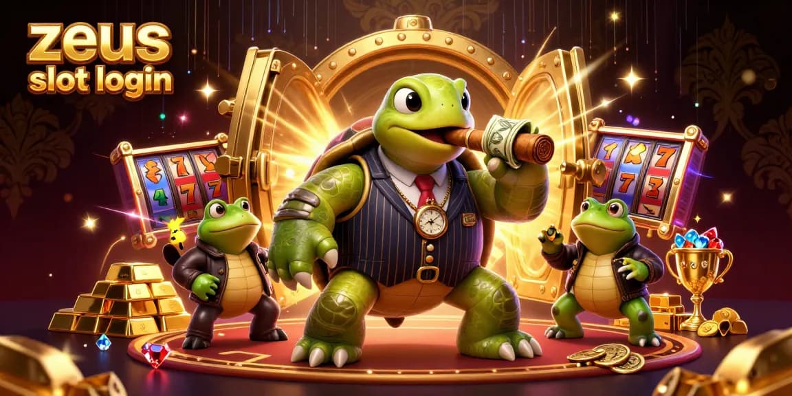 Experience thrilling wins with zeus slot login featuring a 3D cartoon turtle and bullfrog enforcers in a vibrant casino setting.