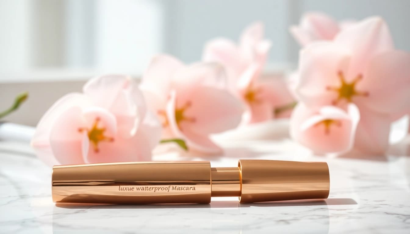 Apply luxe waterproof mascara from a stylish tube on a marble vanity, showcasing luxury and elegance.
