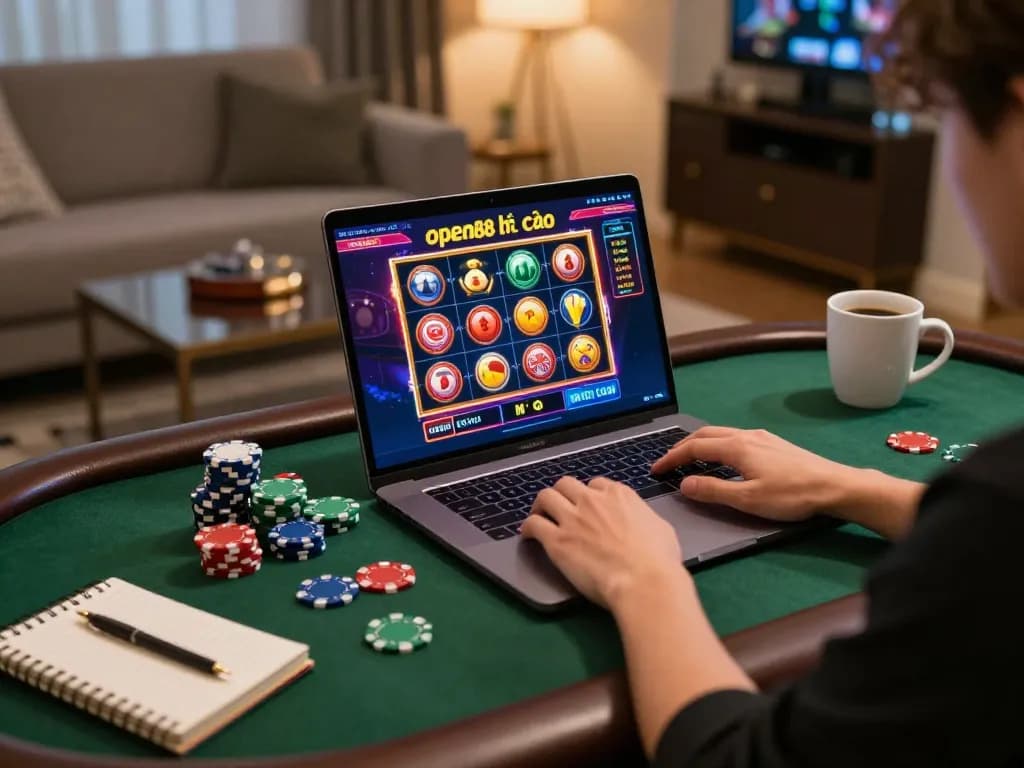Engaging scene of a person accessing open88 nhà cái on a laptop, showcasing an exciting online gaming atmosphere.