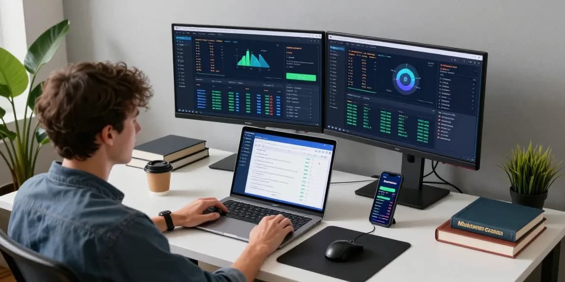 cloud mining company workspace with modern crypto technology including monitors, digital wallet apps, and mining statistics