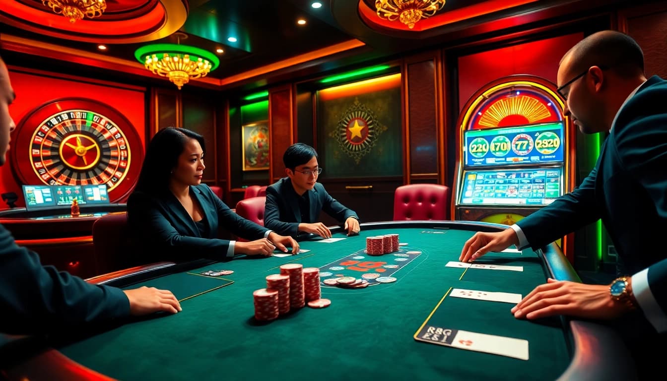 Experience thrilling gameplay at RR88 casino with vibrant poker setups and roulette wheels.