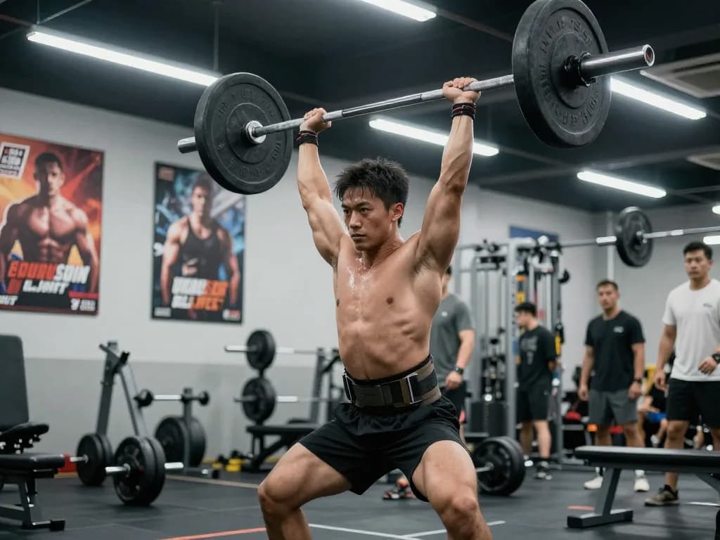 Wearing a shoulder brace for weightlifting, an athlete performs weights in a dynamic gym setting.