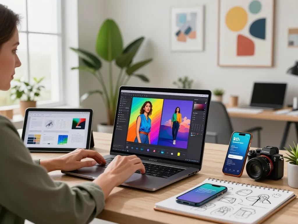 Creative professional using the Nano Banana 2 AI editor in a modern workspace, highlighting technology and artistic innovation.