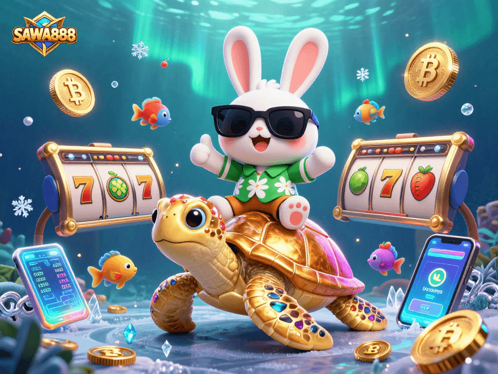 Join the fun with SAWA888, featuring a lucky rabbit and golden turtle amidst vibrant slot game elements.
