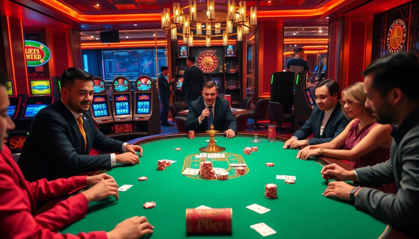 Engage in high-stakes poker at hello88's luxurious casino setting with vibrant tables and thrilling atmosphere.