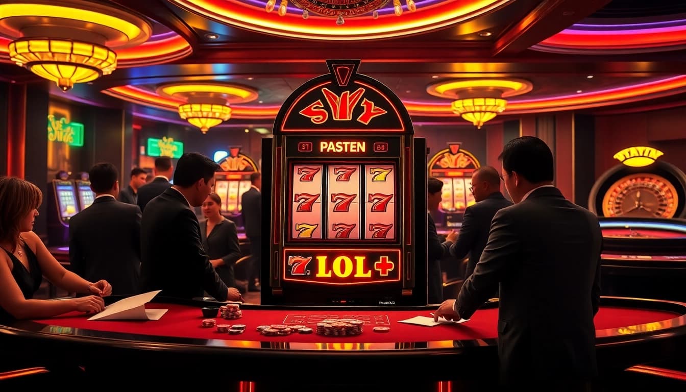 Gamblers enjoying a thrilling game of slot scatter hitam at a luxurious casino with vibrant lighting.