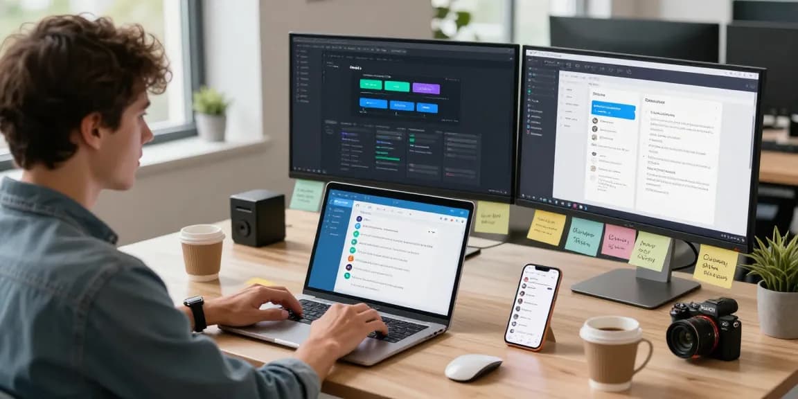 Focused workspace with Telegram中文 interface on laptop and smartphone notifications, showcasing tech productivity