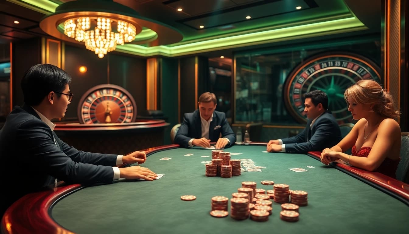 Players engaging in a thrilling poker game at xin88 casino table with vibrant ambiance.
