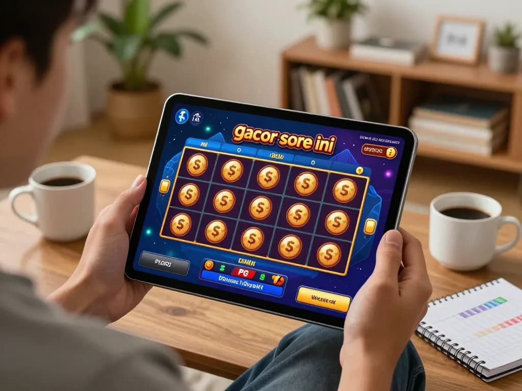 Engaging player using a tablet to play slot gacor sore ini in cozy home setting, showcasing excitement and strategy.