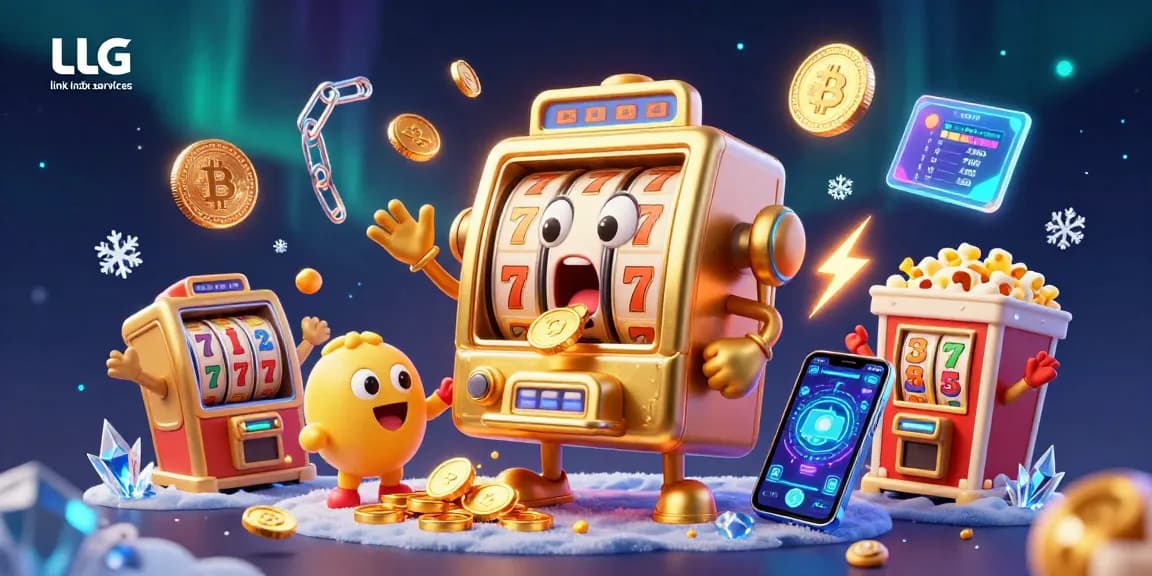 Experience thrilling LLG link indx services with a lively scene of slot machines striking jackpots amidst colorful crypto elements.