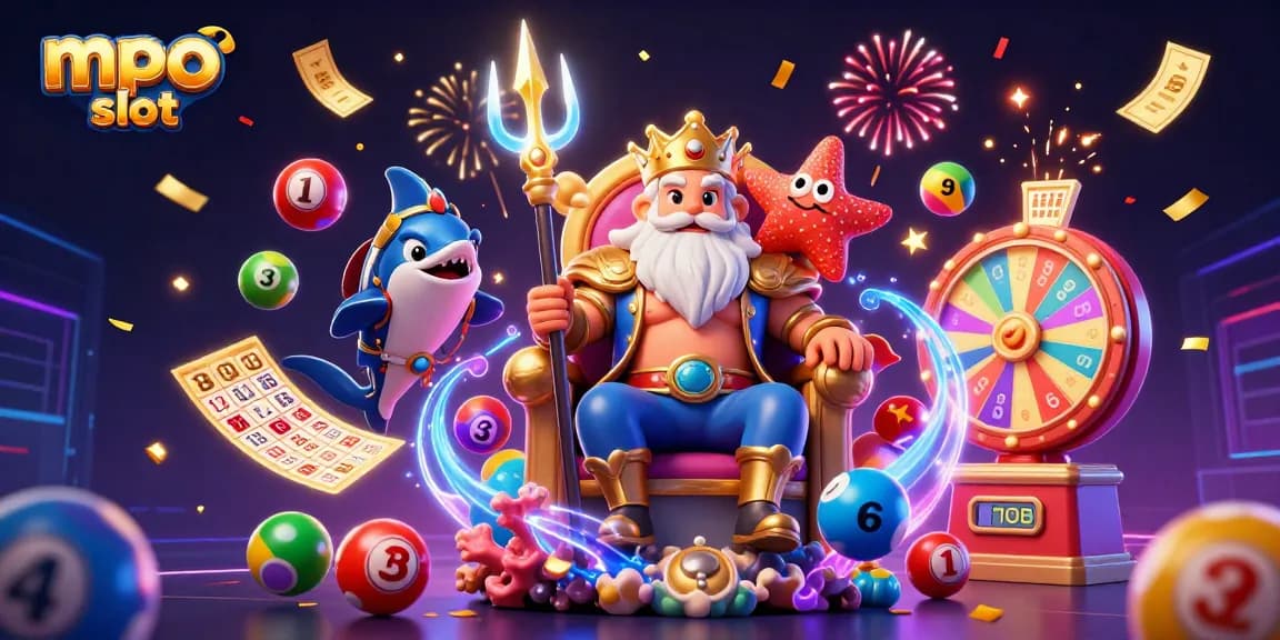 Experience excitement with mpo slot in a vibrant 3D scene featuring Neptune and colorful game elements like lottery balls and a prize wheel