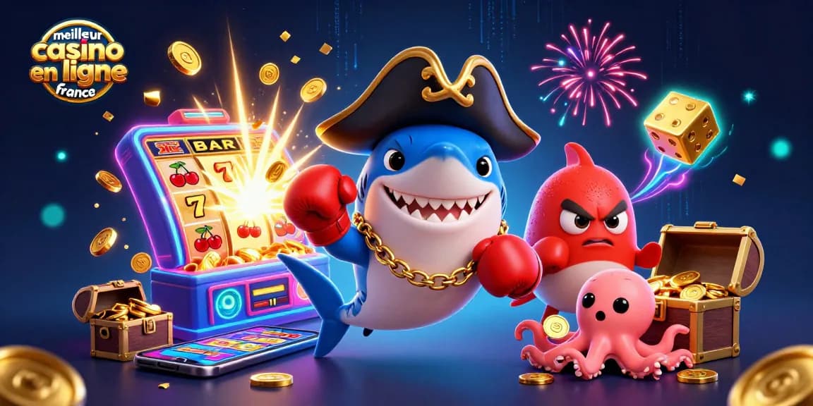 Affrontez le meilleur casino en ligne France avec ce requin pirate 3D animé et ses compagnons.