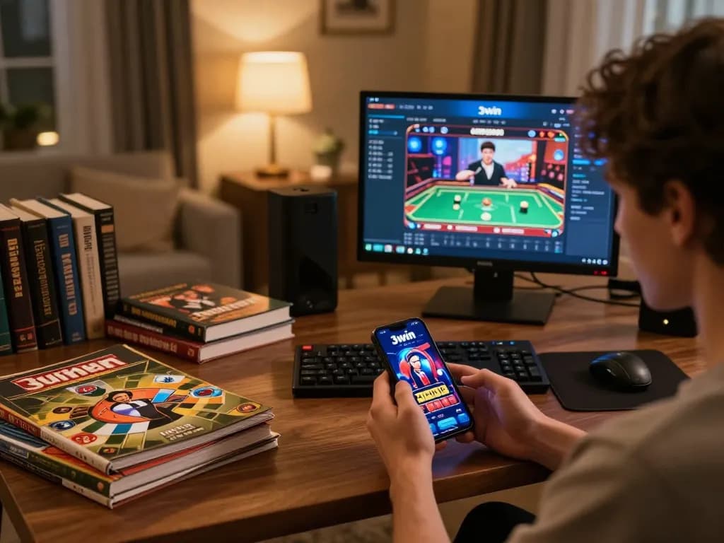3win actor user engaged in strategic online betting using a smartphone in a cozy setup.