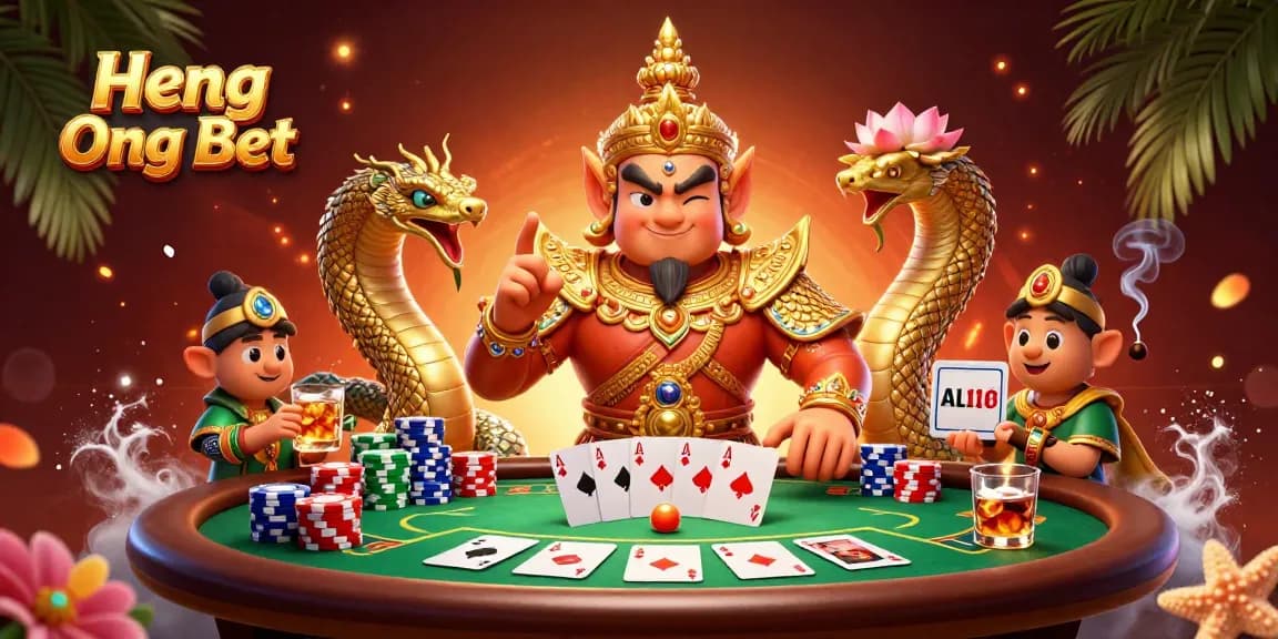 Engage with thrilling poker action at Heng Ong Bet, featuring a vibrant 3D illustration of a winning hand and festive atmosphere.