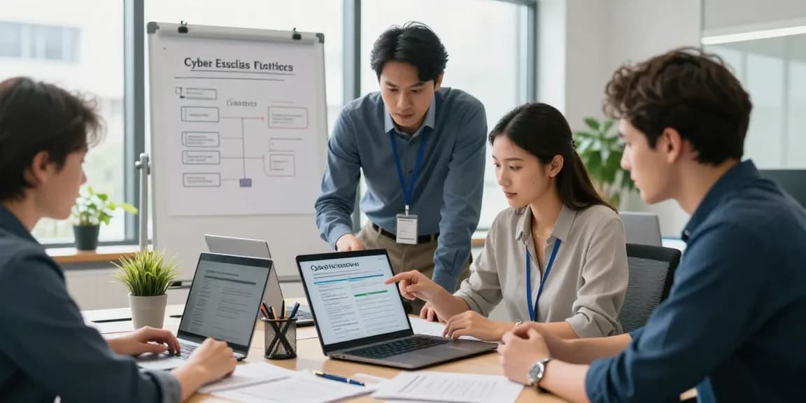 Cyber essentials questionnaire review by a cybersecurity team in a modern office, showcasing collaboration and compliance strategies.
