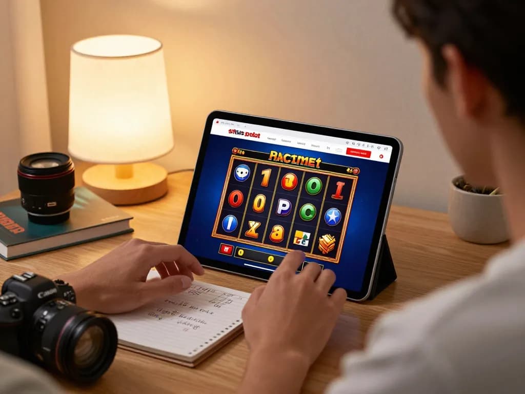 Engrossed in situs slot kamboja gameplay on a tablet, showcasing a vibrant online casino experience.