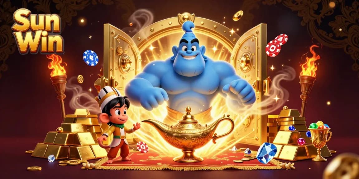 Engage in thrilling games at Sun Win with a vibrant casino scene featuring fun characters and treasures.