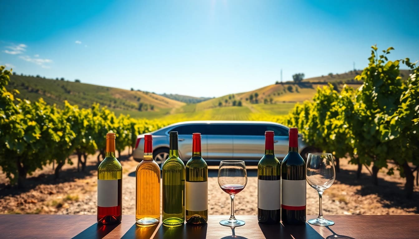 Limo wine tasting tours featuring a luxurious limousine surrounded by beautiful vineyards.
