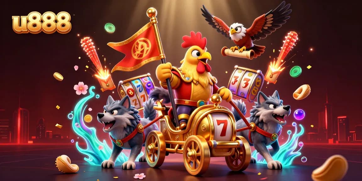 Spin the reels of u888, featuring a rooster warlord and vibrant casino elements.