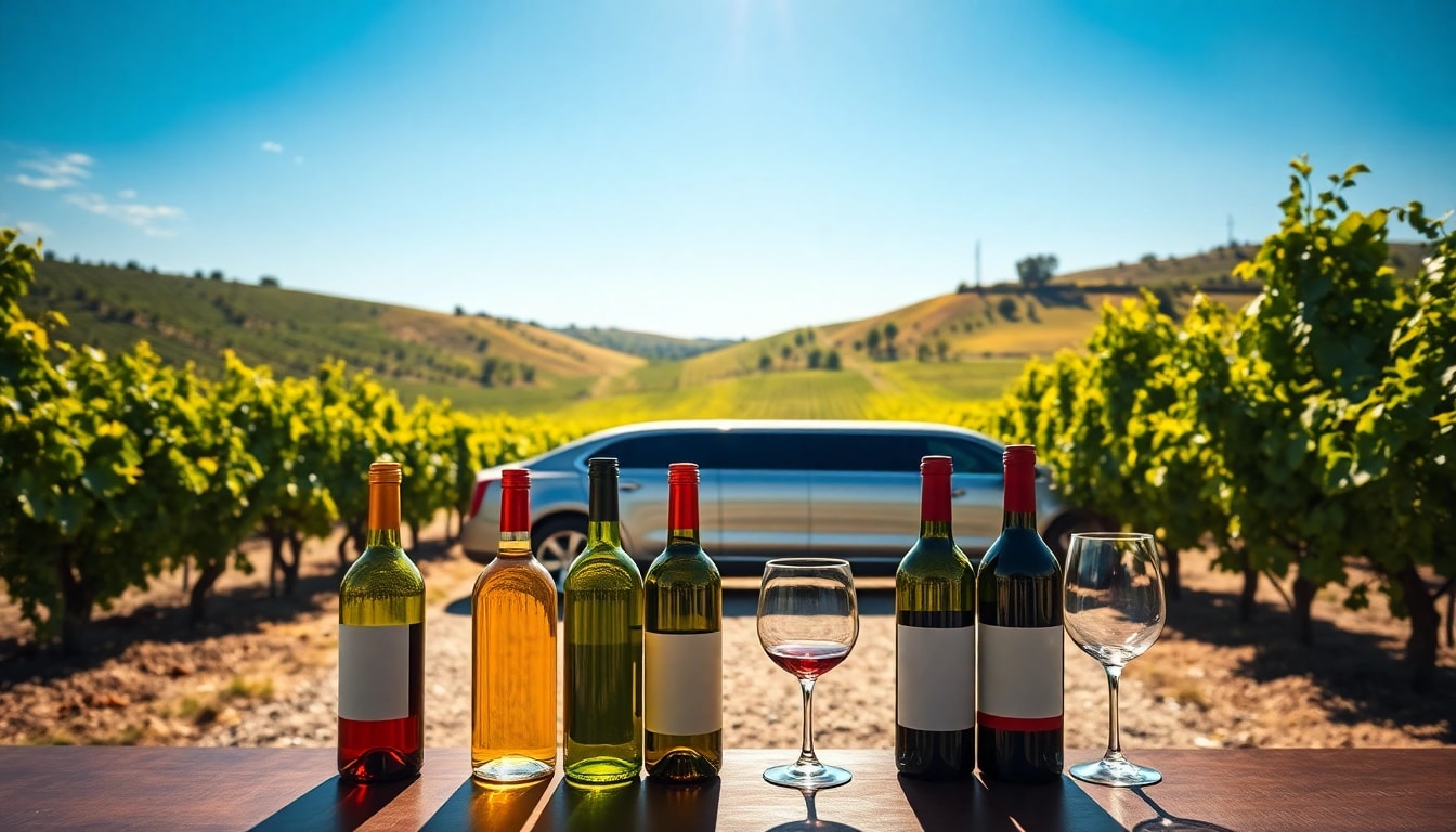 Limo wine tasting tours featuring a luxurious limousine surrounded by beautiful vineyards.